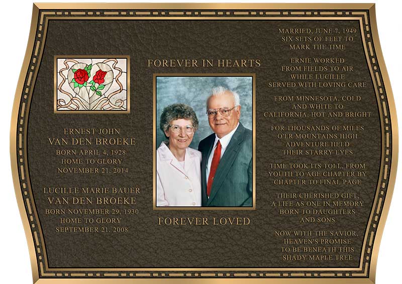 Buy Custom bronze memorial portrait plaques near me with 10-day service fast, cast bronze plaques. Largest woman owned Trusted bronze plaque company with FREE shipping, no additional cost for custom shapes, letters, and borders. We can make any size to fit your budget.  WE DON'T MISS DEADLINES! Outdoor Memorial Plaque