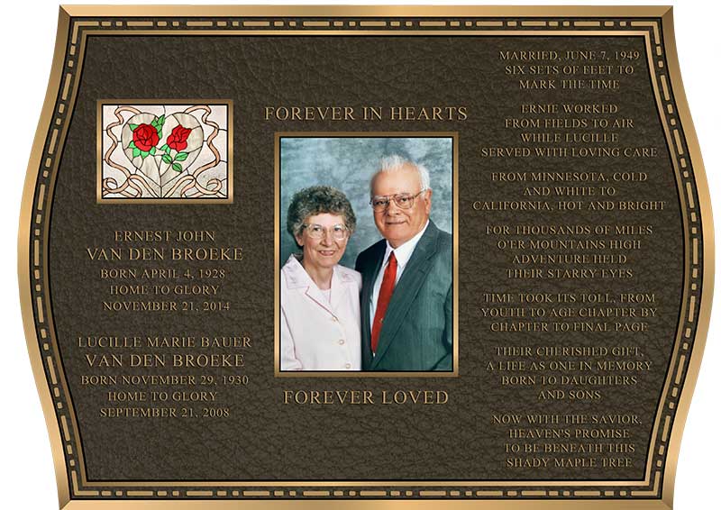 Buy Custom bronze memorial portrait plaques near me with 10-day service fast, cast bronze plaques. Largest woman owned Trusted bronze plaque company with FREE shipping, no additional cost for custom shapes, letters, and borders. We can make any size to fit your budget. WE DON'T MISS DEADLINES! Outdoor Memorial Plaque