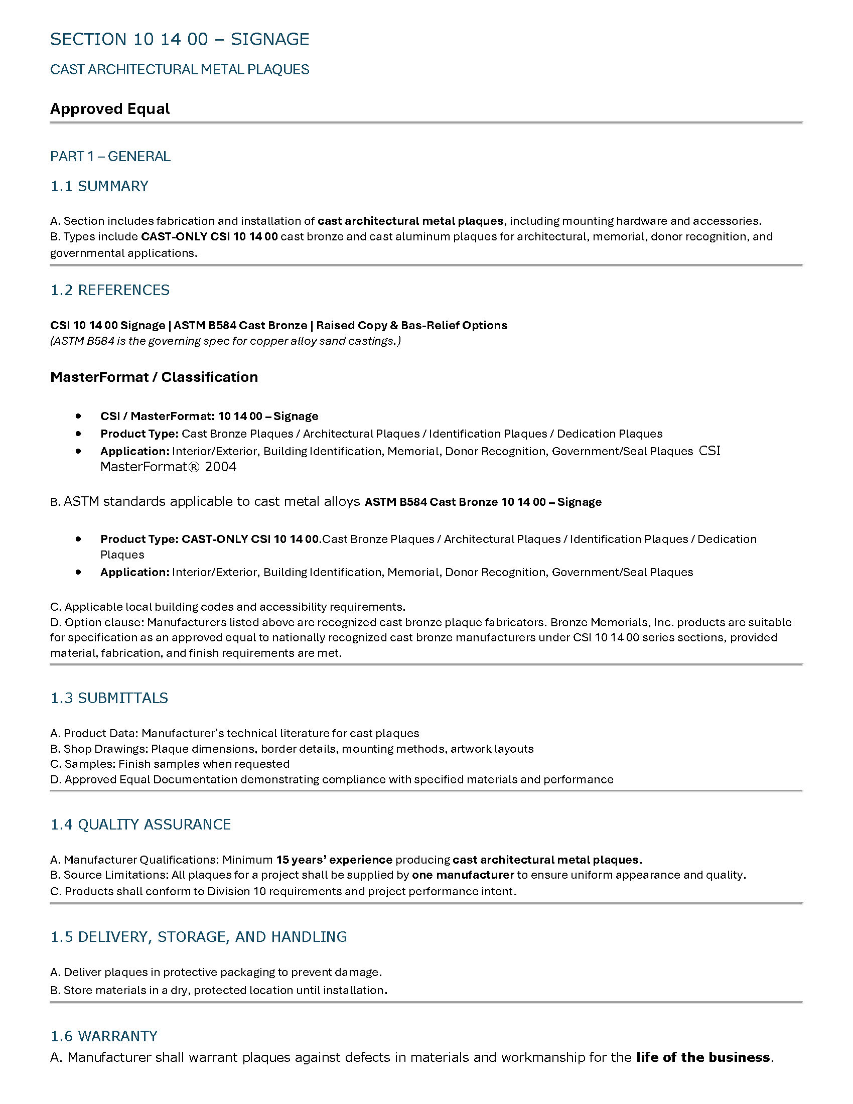 CSI 10 14 00 signage specification page 1