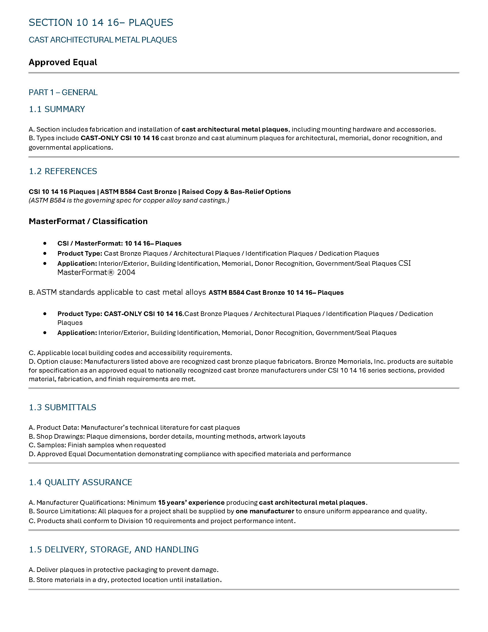 CSI 10 14 16 cast bronze plaques specification page 1