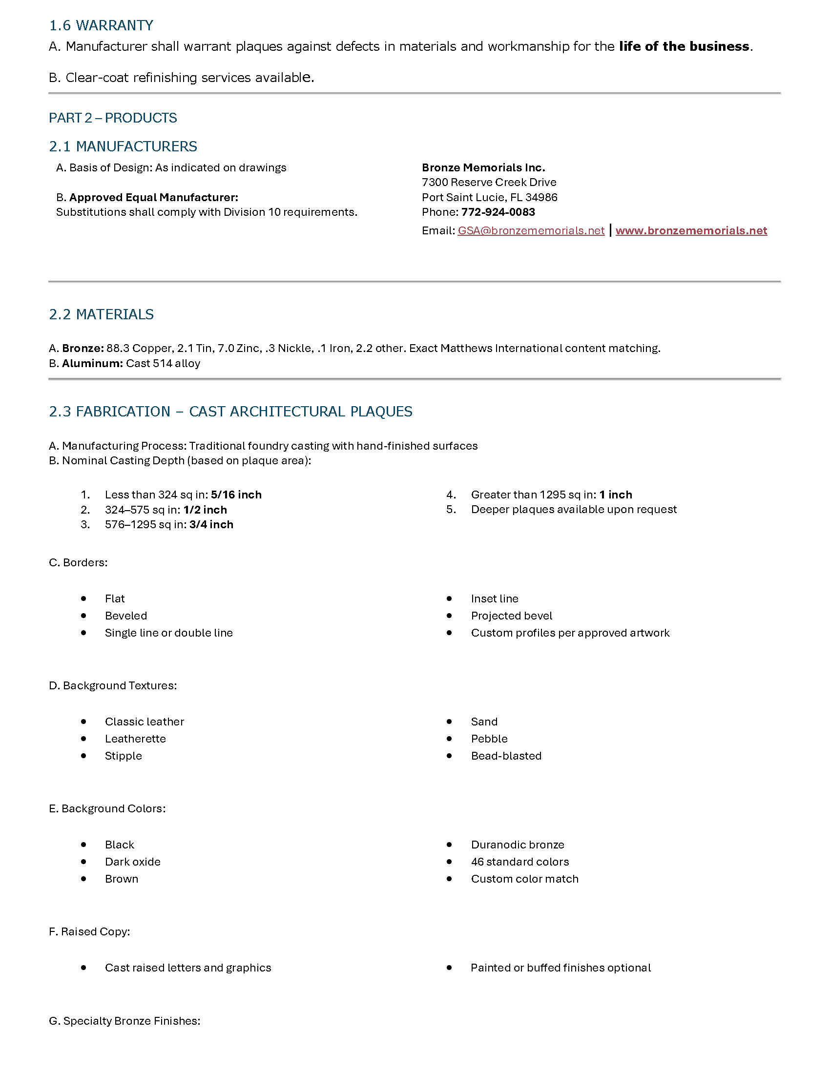 CSI 10 14 16 cast bronze plaques specification page 2