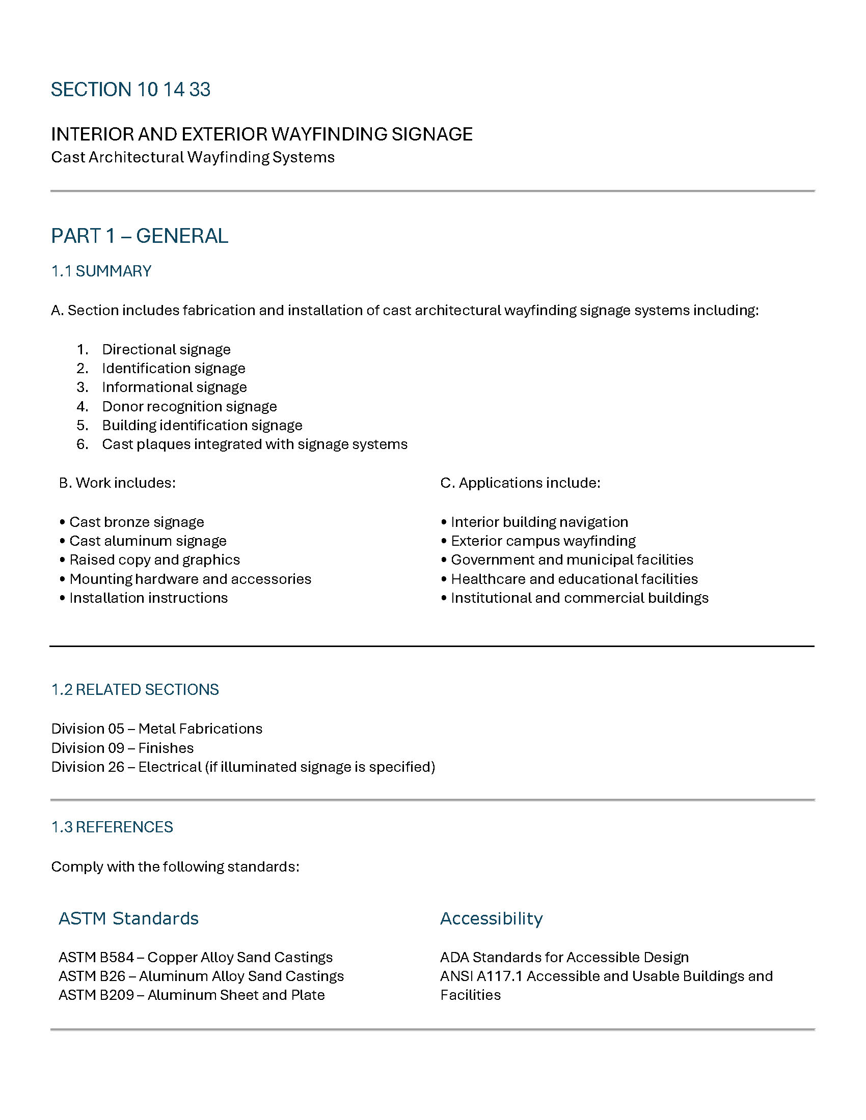 CSI 10 14 33 wayfinding signage specification page 1