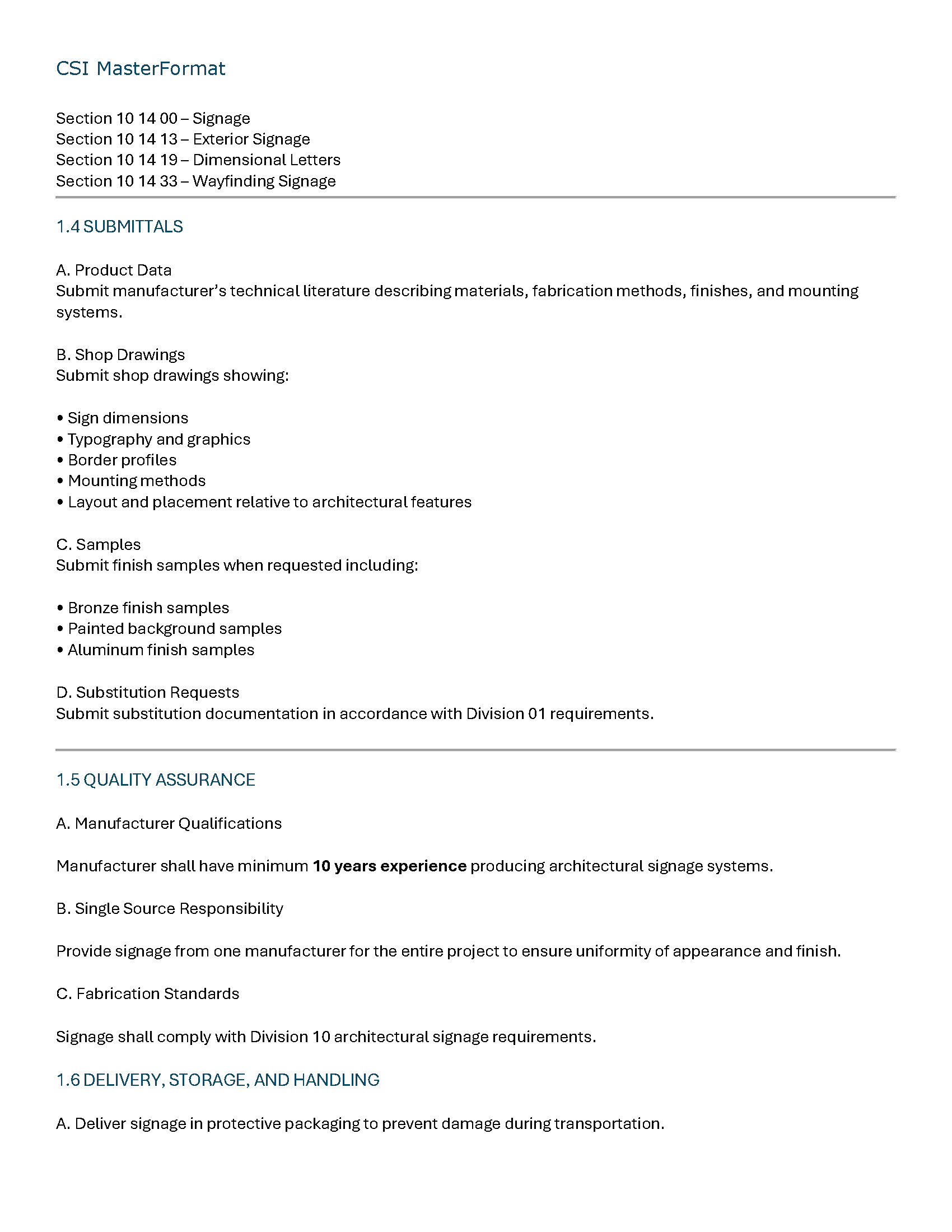 CSI 10 14 33 wayfinding signage specification page 2