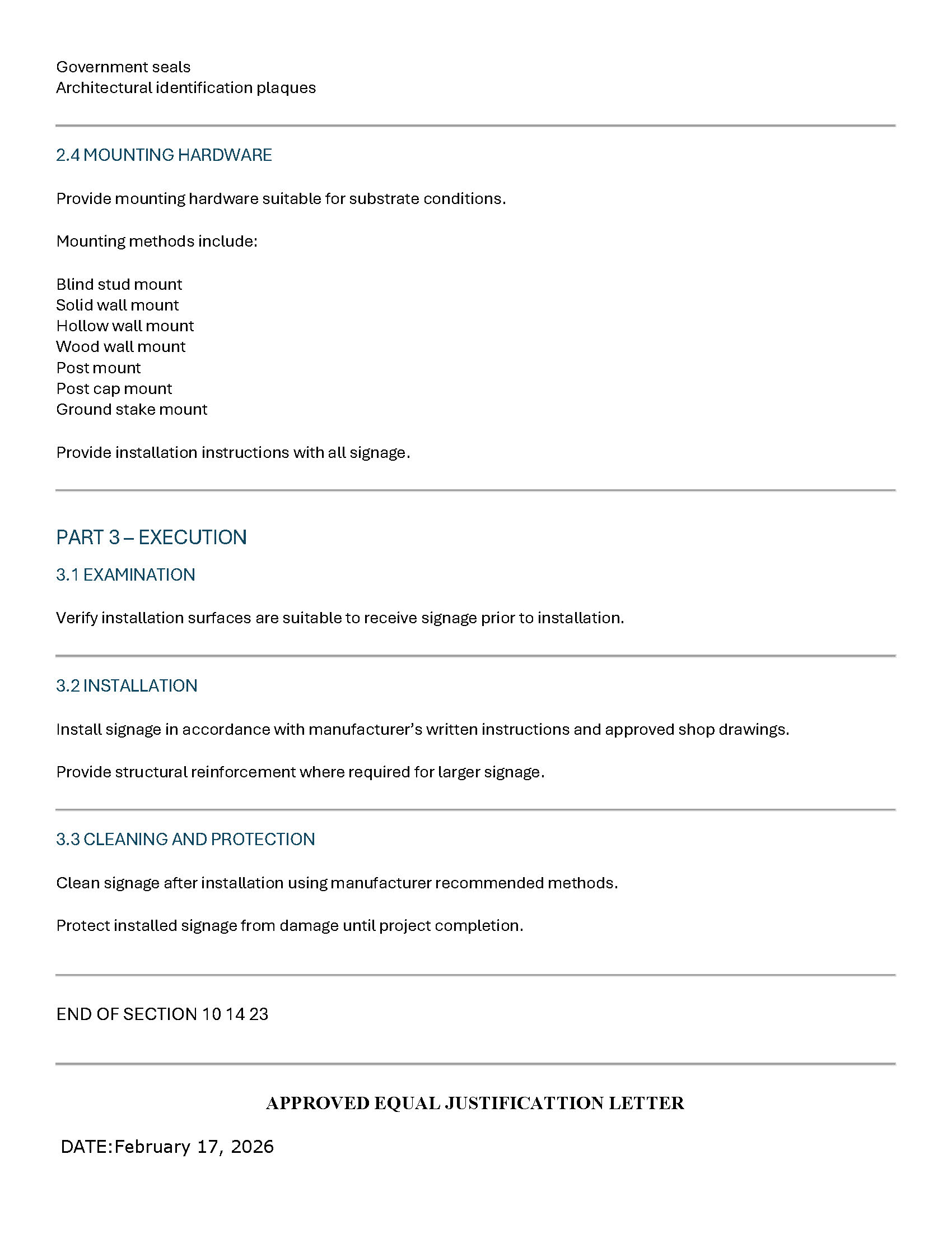 CSI 10 14 33 wayfinding signage specification page 6
